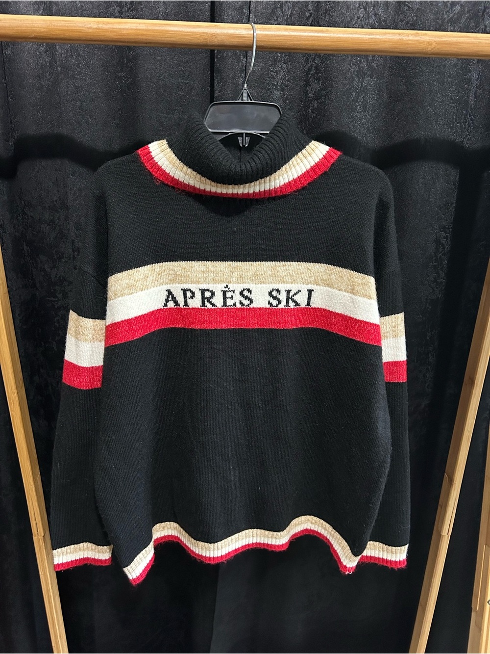 Lou & Grey Black Turtleneck Sweater with Red, Cream, and Tan Stripes
